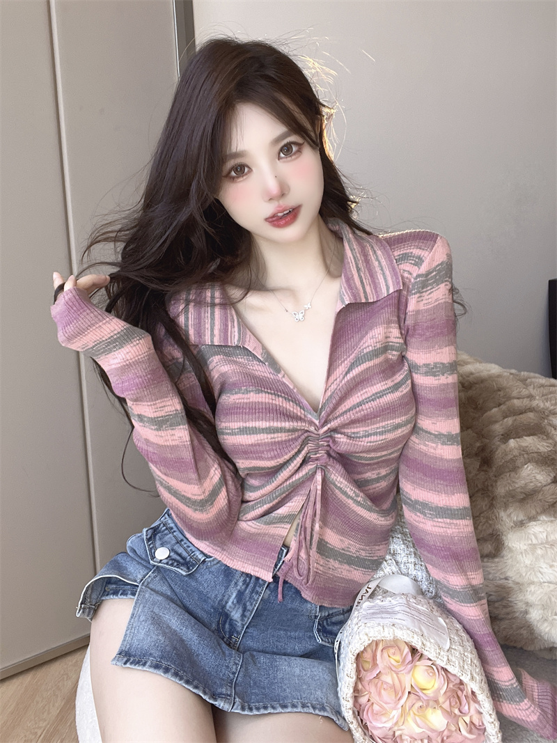 Drawstring stripe sweater long sleeve tops for women