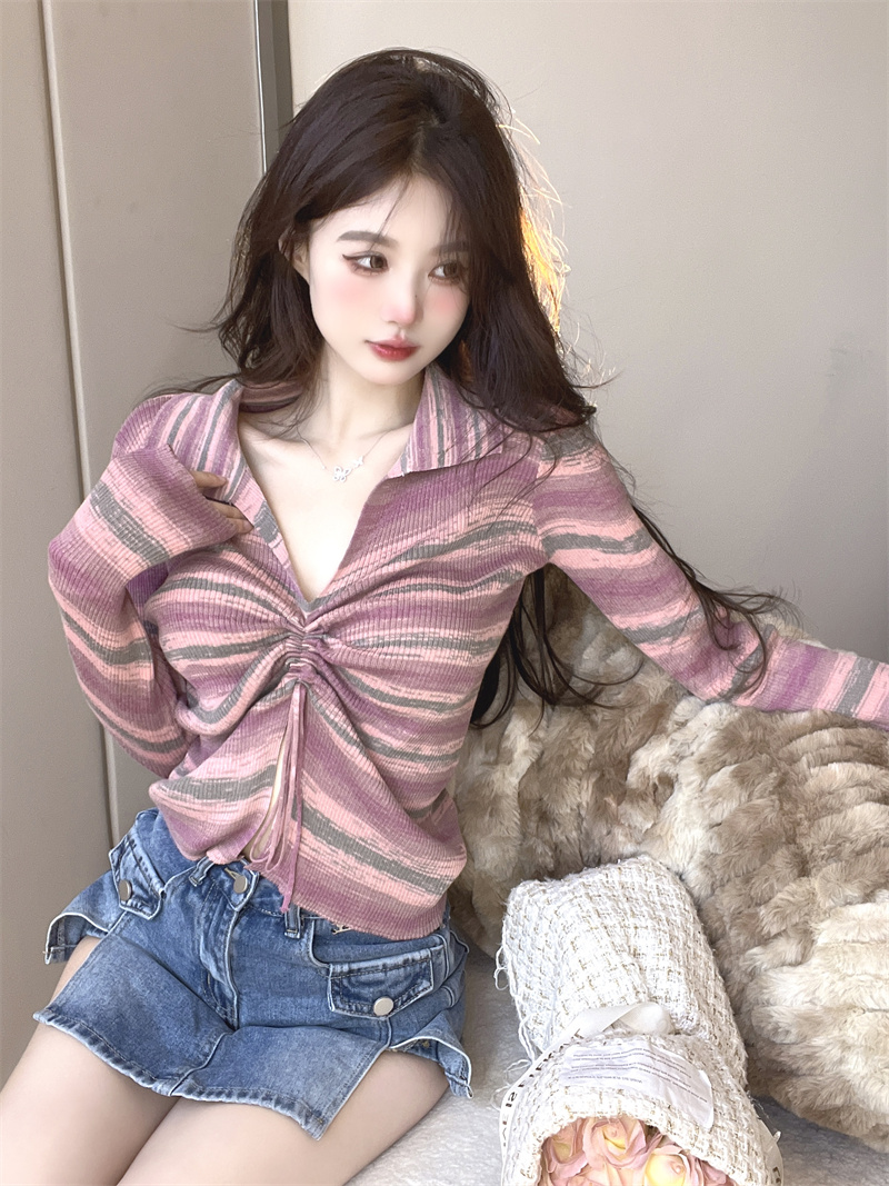 Drawstring stripe sweater long sleeve tops for women
