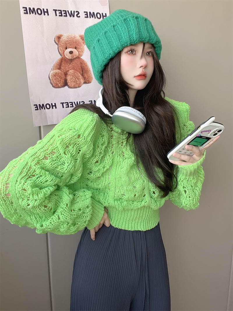 Puff sleeve tender autumn hollow lazy sweater for women