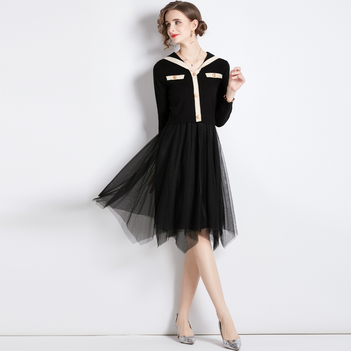 Long splice knitted Pseudo-two gauze bottoming dress