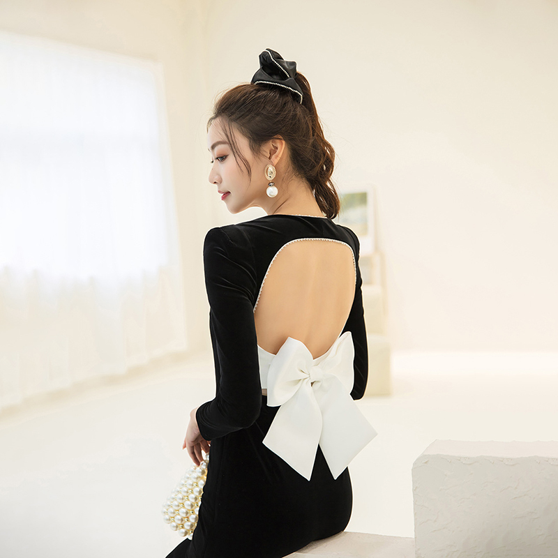 Slim France style retro big bow black velvet dress for women