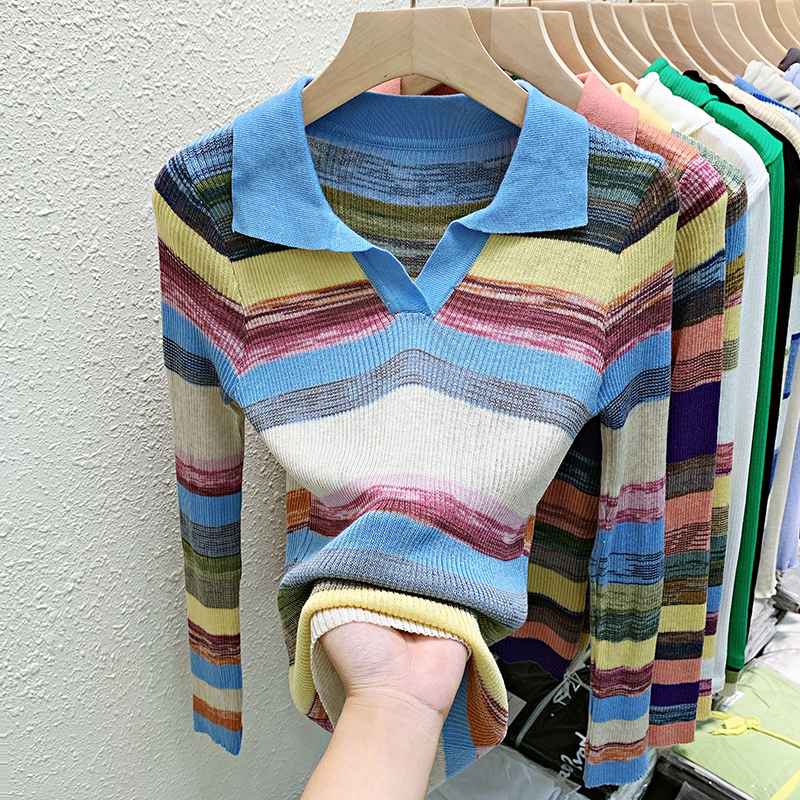 Long sleeve thin sweater ice silk stripe tops for women