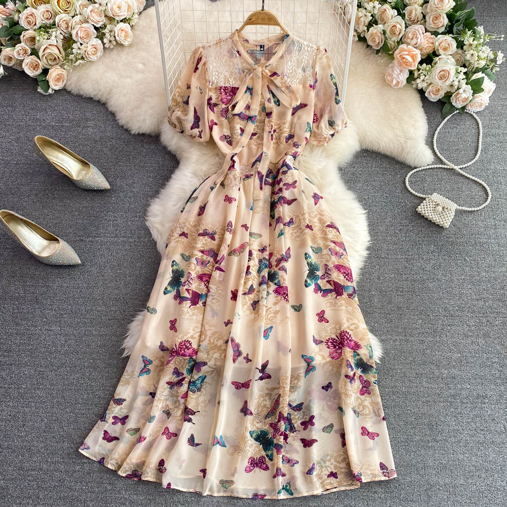 Slim pinched waist retro dress frenum floral long dress