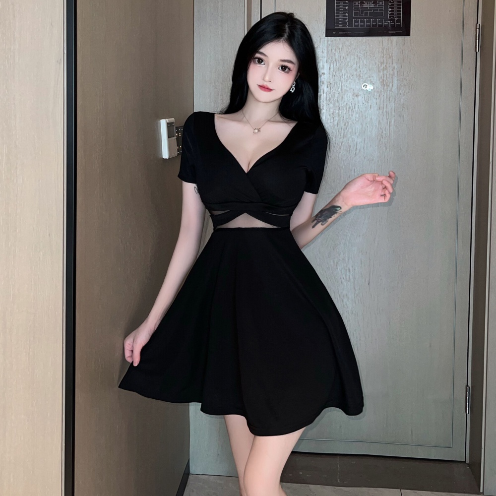 Black sexy hollow dress nightclub short sleeve formal dress
