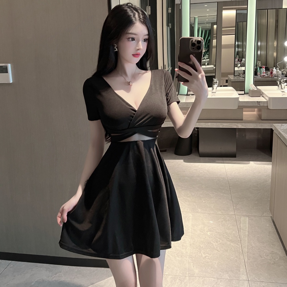 Black sexy hollow dress nightclub short sleeve formal dress