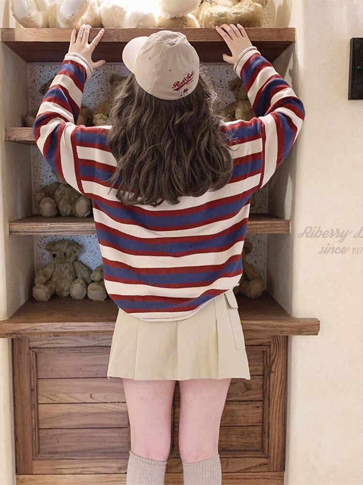Lazy crimping stripe cashmere loose autumn sweater for women
