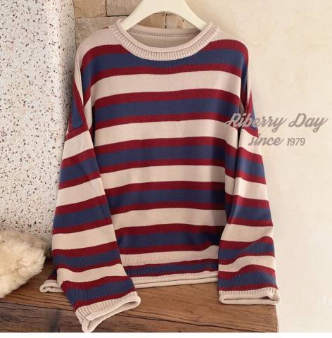 Lazy crimping stripe cashmere loose autumn sweater for women