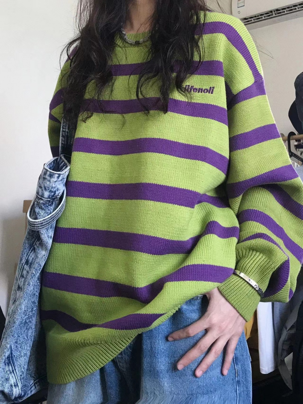 Stripe green mixed colors round neck lazy sweater for women