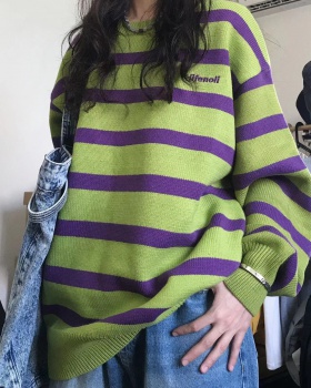 Stripe green mixed colors round neck lazy sweater for women