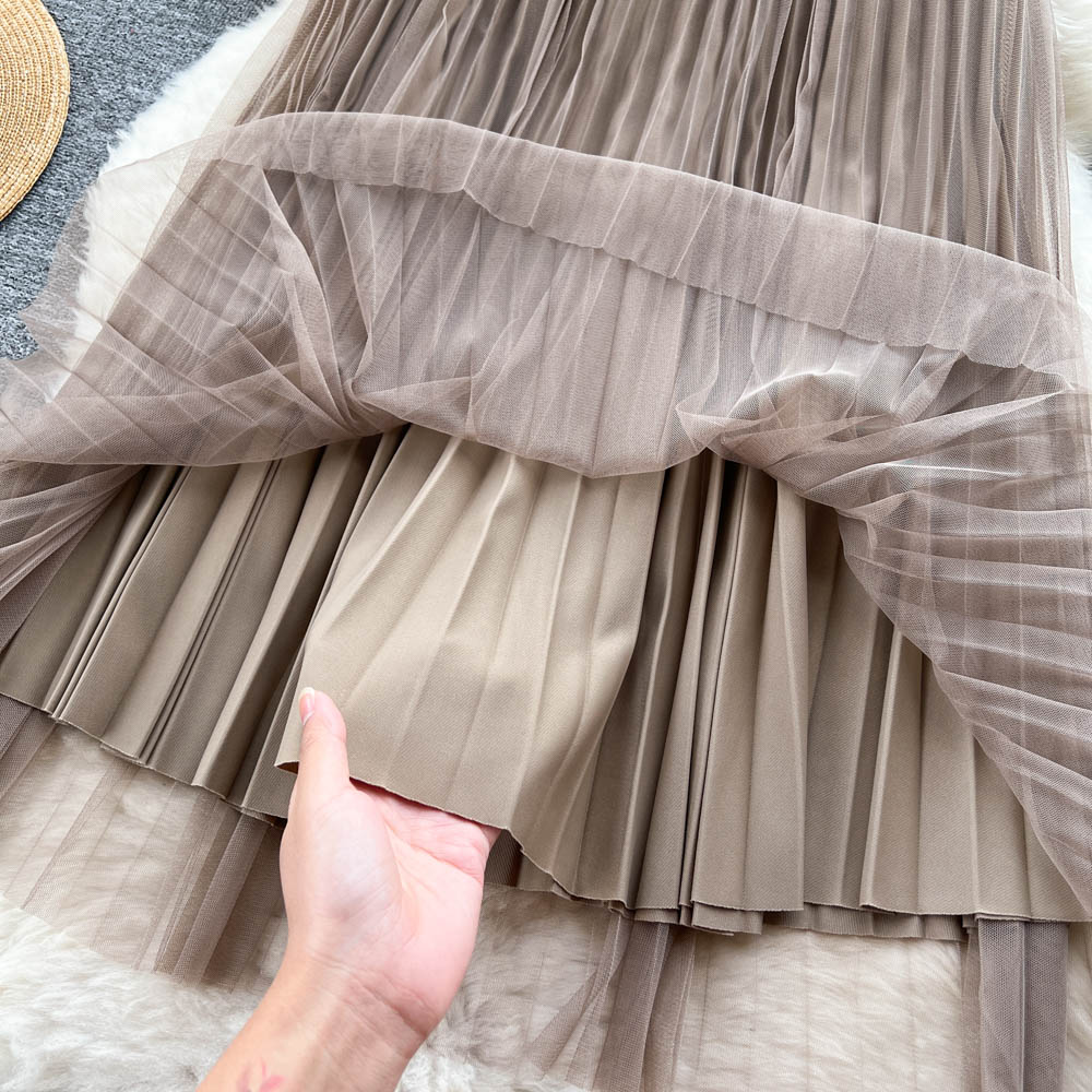 Gauze elastic autumn pleated long skirt for women