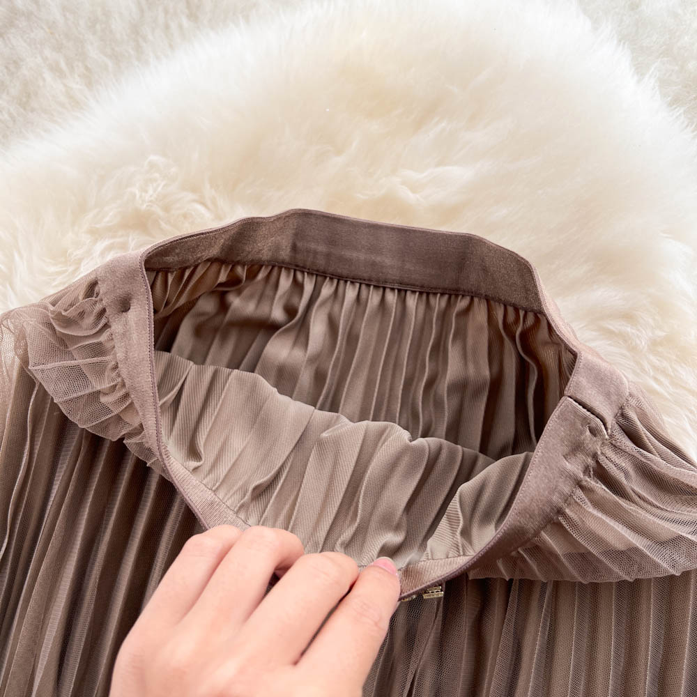 Gauze elastic autumn pleated long skirt for women