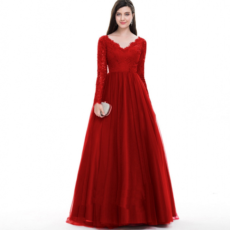 European style long sleeve formal dress gauze lace evening dress