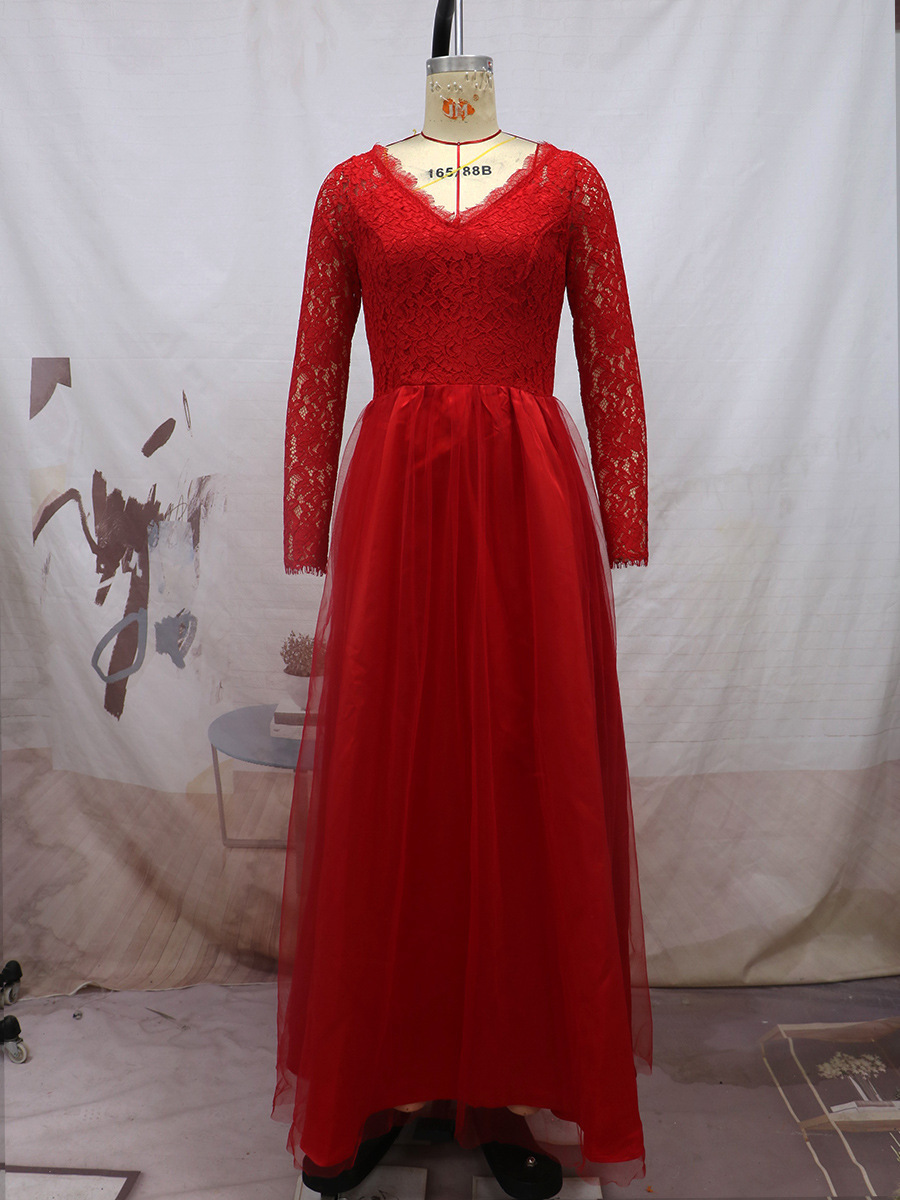 European style long sleeve formal dress gauze lace evening dress