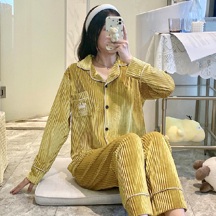 Thick lapel homewear golden velvet pajamas 2pcs set