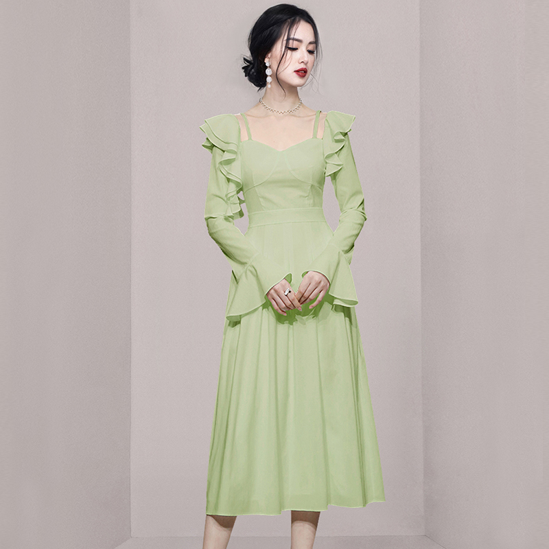Slim pinched waist trumpet sleeves Korean style sling dress