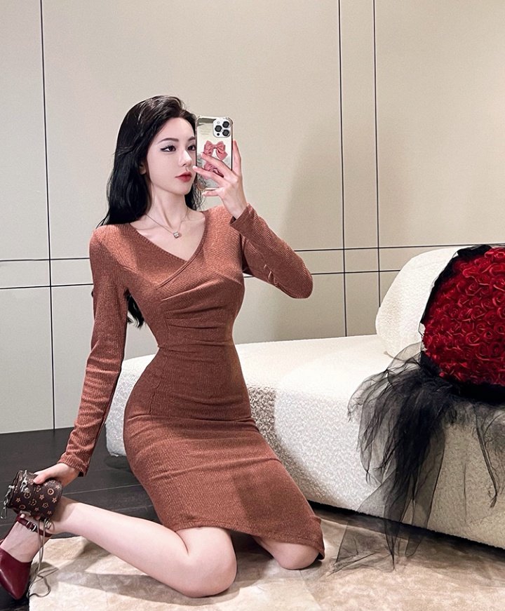 Package hip pinched waist long sleeve fashion pure dress
