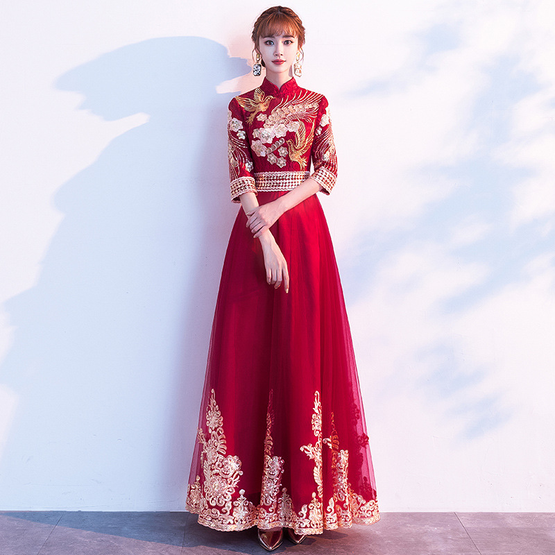 Slim bride long dress Chinese style red wedding cheongsam