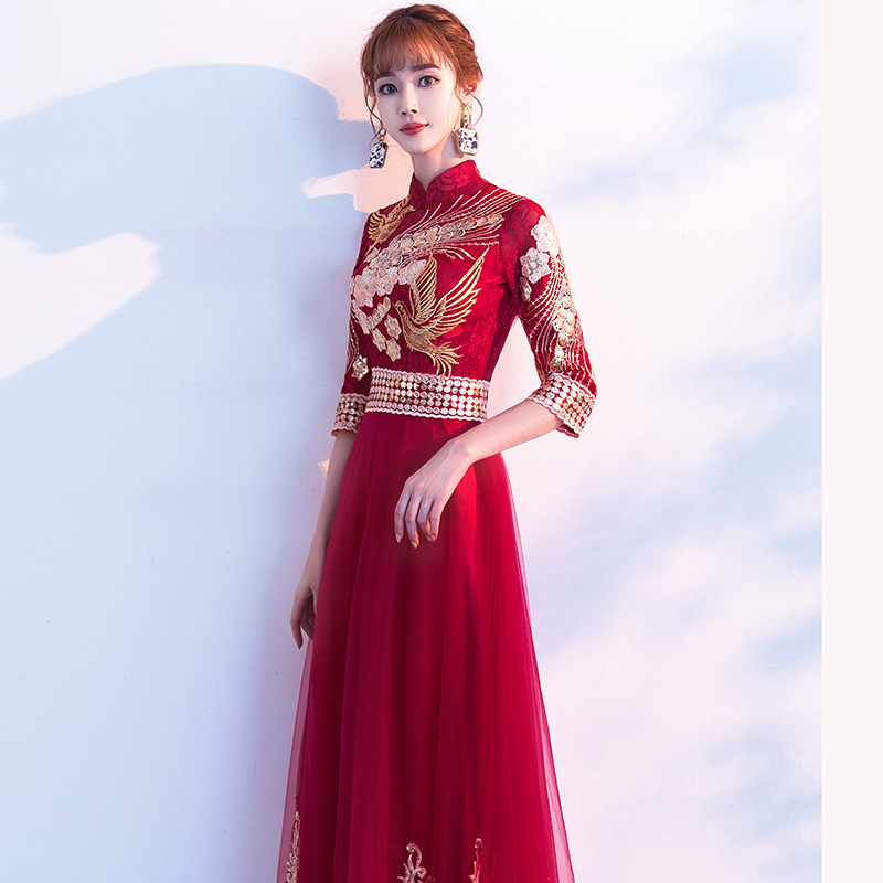 Slim bride long dress Chinese style red wedding cheongsam