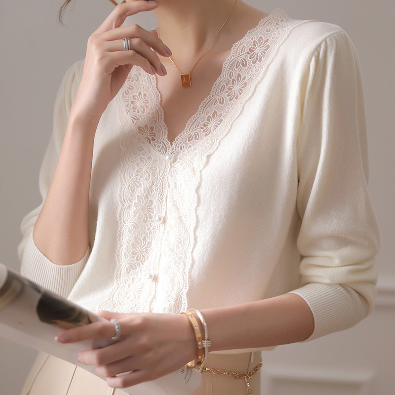 V-neck long sleeve sweater lace autumn tops