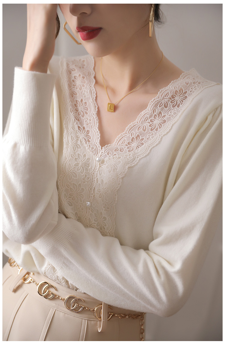 V-neck long sleeve sweater lace autumn tops