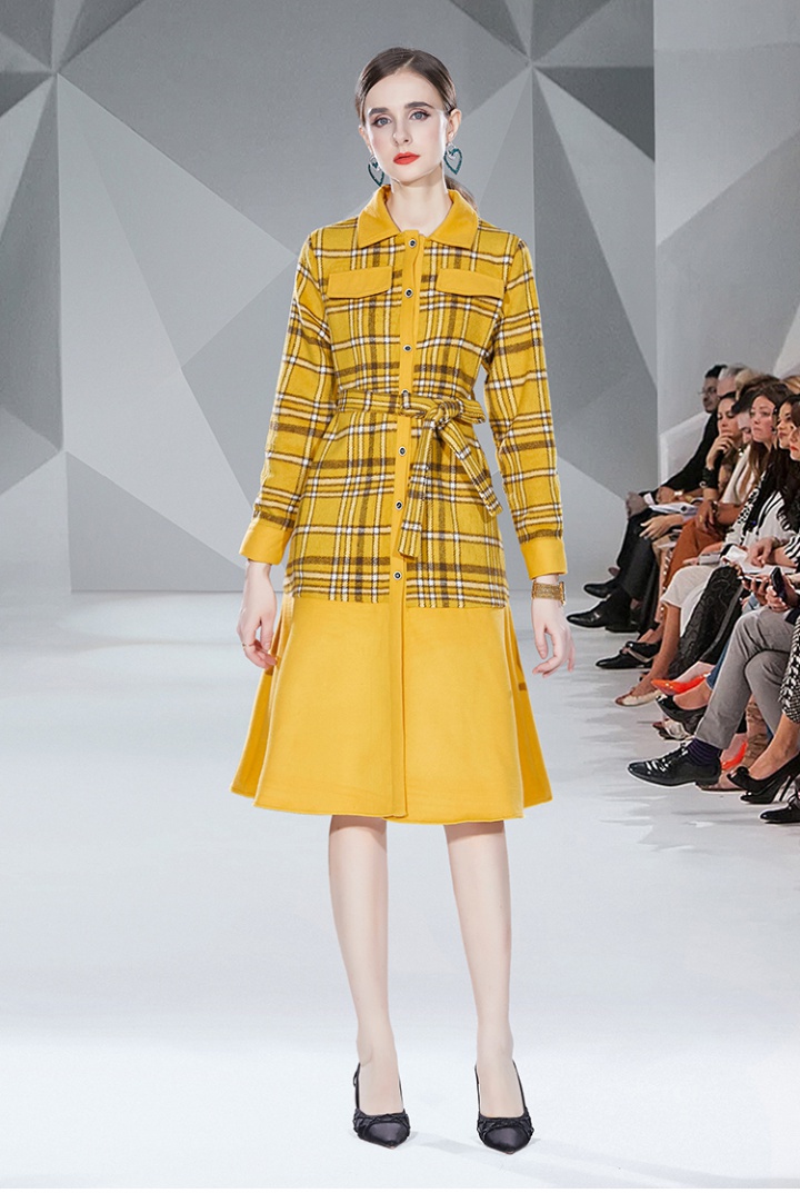 British style plaid woolen dress yellow autumn overcoat