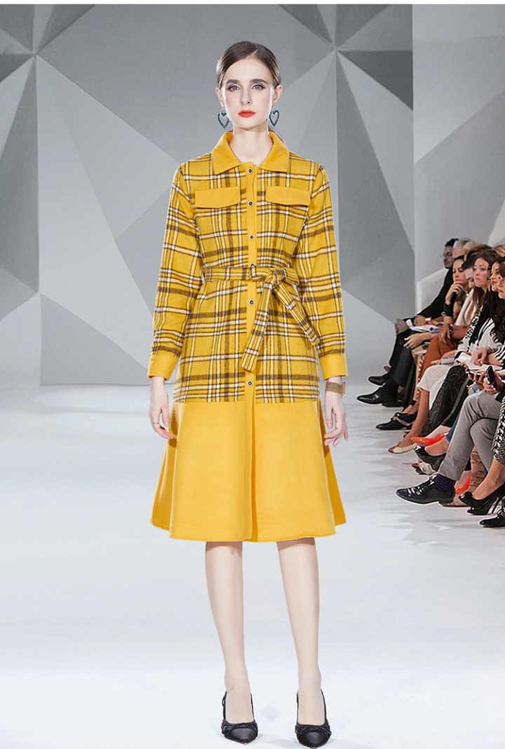 British style plaid woolen dress yellow autumn overcoat