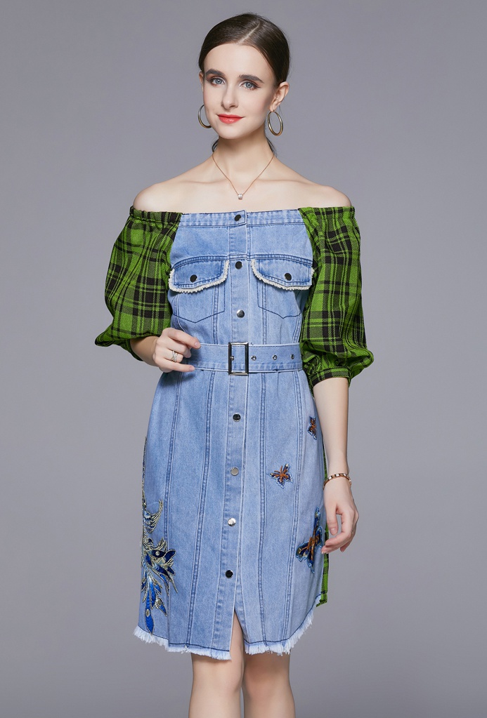 Denim splice autumn embroidery plaid flat shoulder dress
