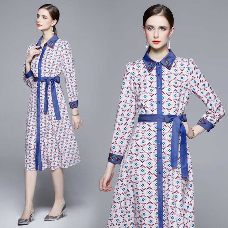 Printing Korean style autumn high waist frenum dress