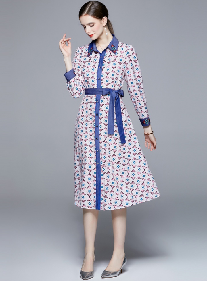 Printing Korean style autumn high waist frenum dress