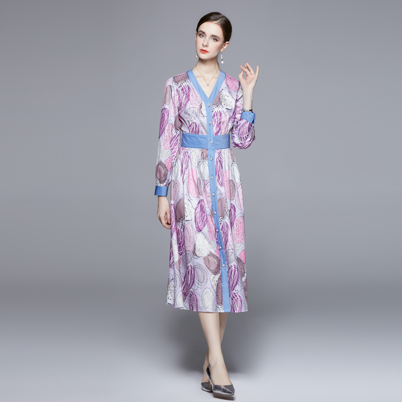Long sleeve pinched waist printing dress for women