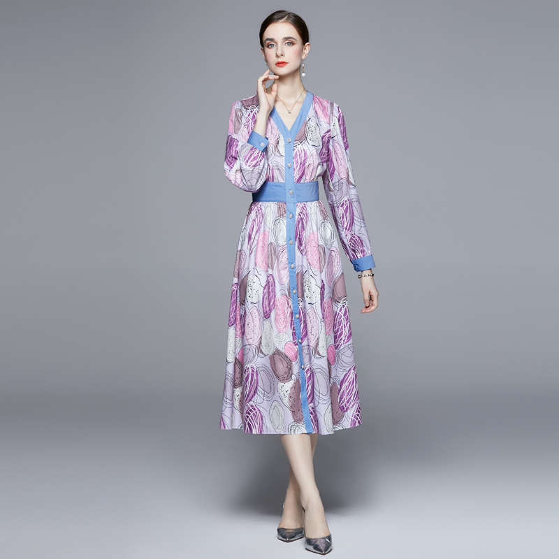 Long sleeve pinched waist printing dress for women