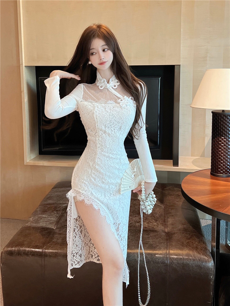 Slim lace cheongsam sexy split dress