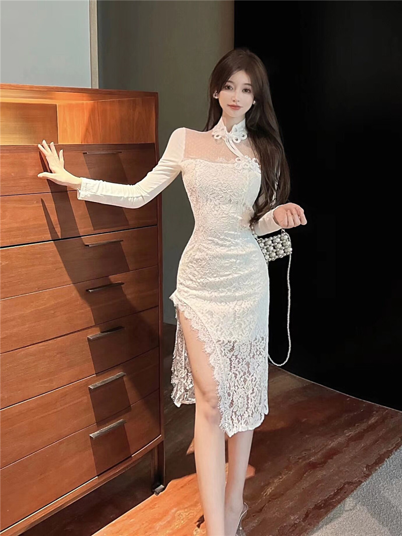 Slim lace cheongsam sexy split dress