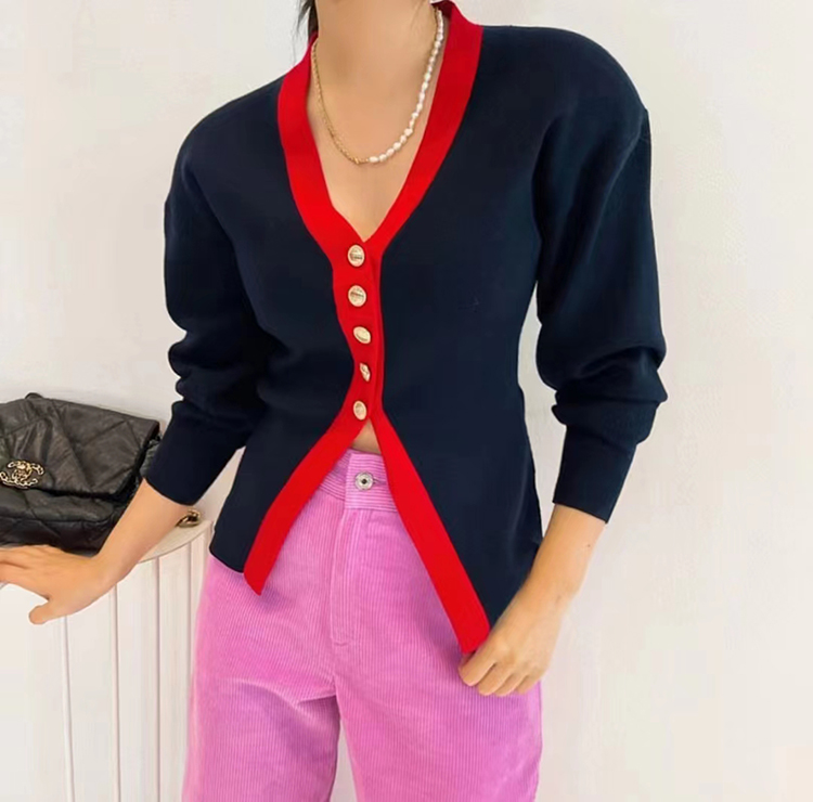 Slim Korean style long sleeve sweater France style V-neck tops