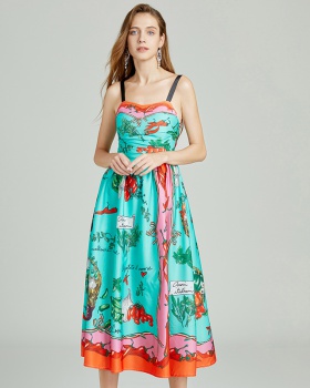 Temperament sling stereoscopic printing high waist dress