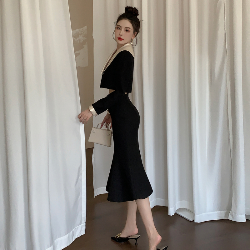 Mermaid slim coat black long skirt 2pcs set for women