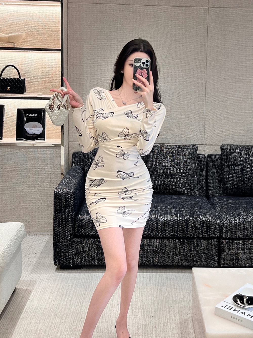 Sexy long sleeve printing package hip pinched waist dress