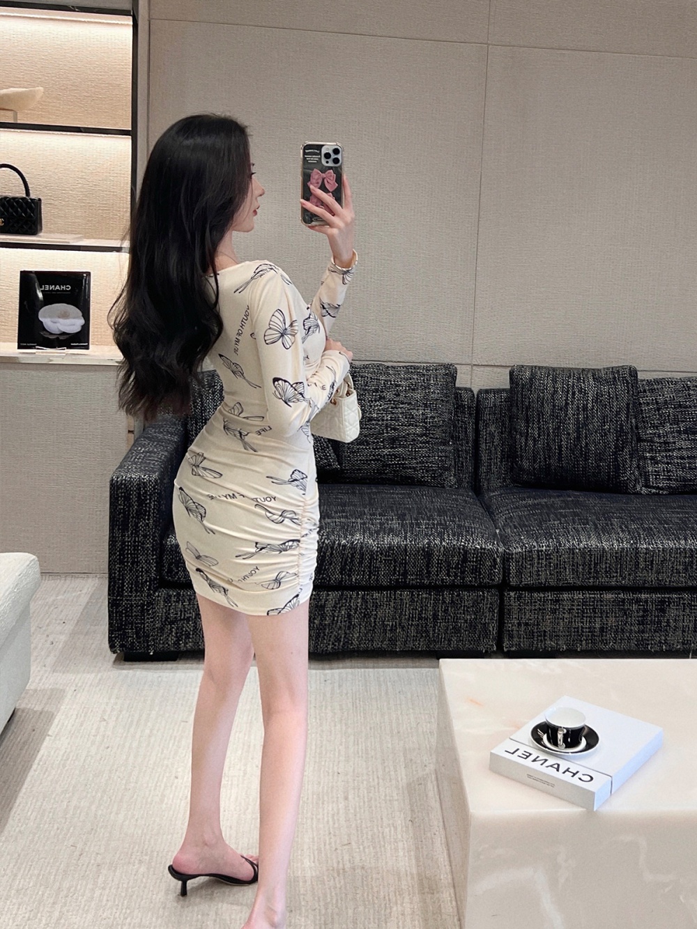 Sexy long sleeve printing package hip pinched waist dress
