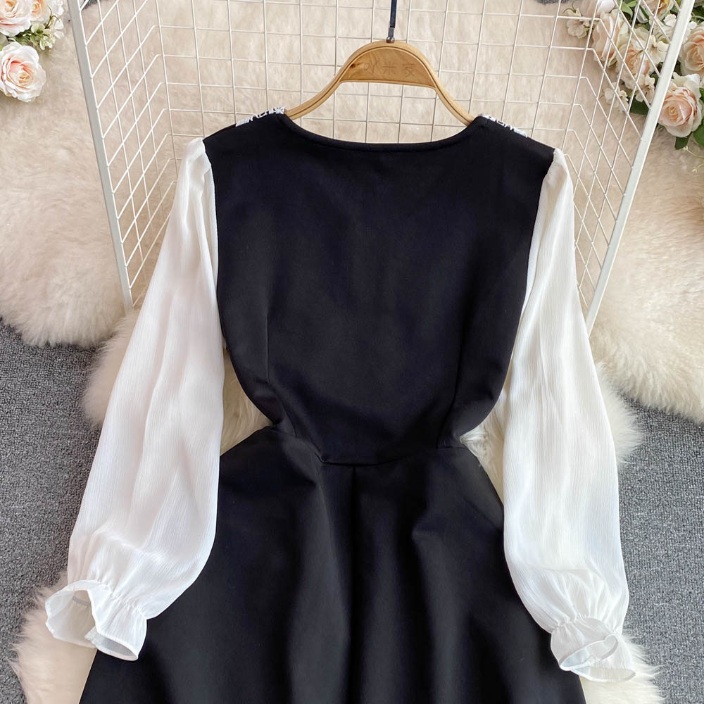 Lace Korean style splice doll collar pinched waist dress