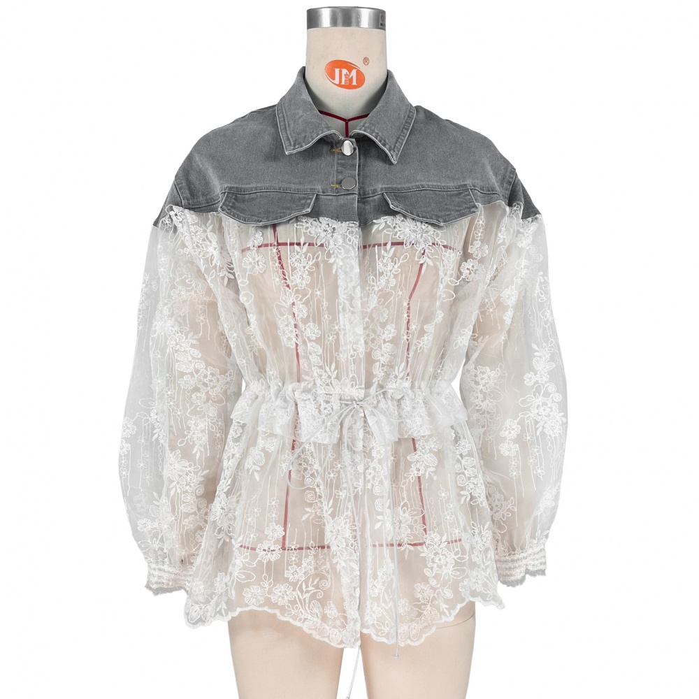 Embroidery pinched waist splice denim shirt for women