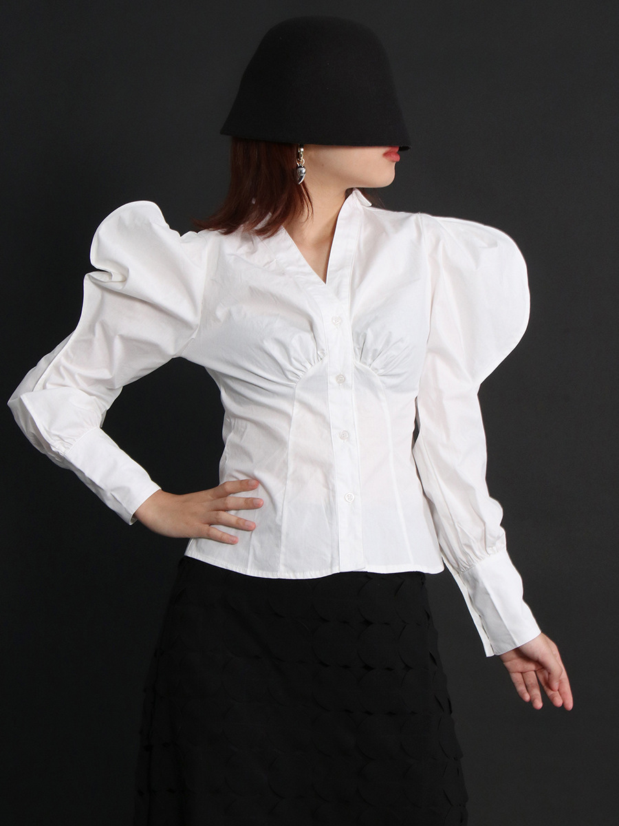 Puff sleeve simple fashion shirt V-neck slim tops for women