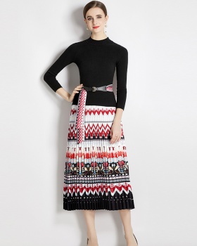 Pleated frenum sweater high waist long sleeve skirt a set