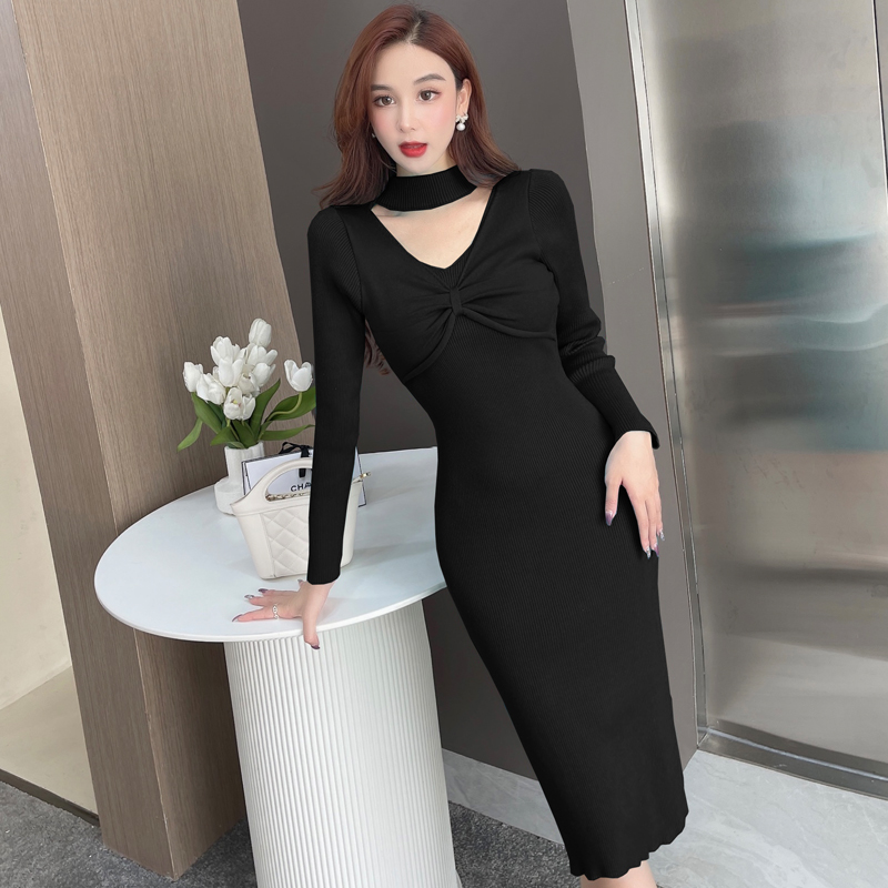 Slim long sleeve dress knitted long dress for women