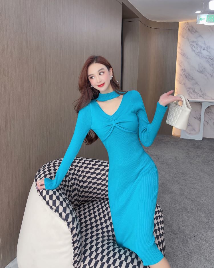 Slim long sleeve dress knitted long dress for women