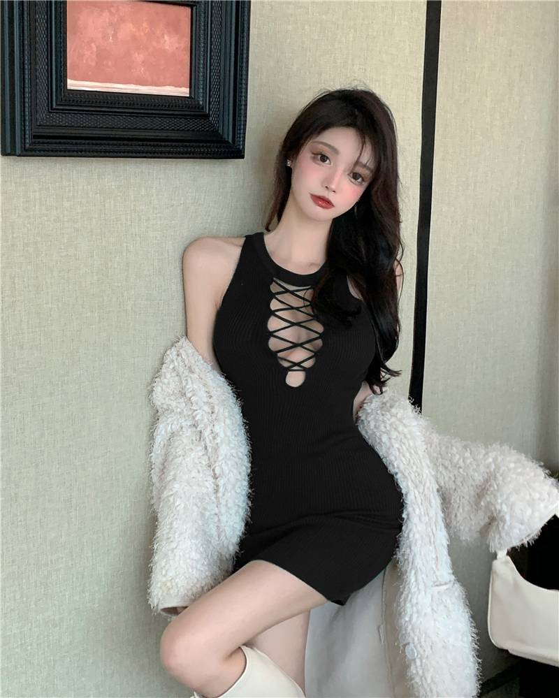Bandage V-neck hollow wear sexy slim knitted bottoming dress