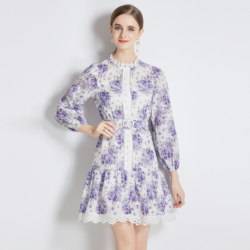 Autumn printing T-back with belt long sleeve dress