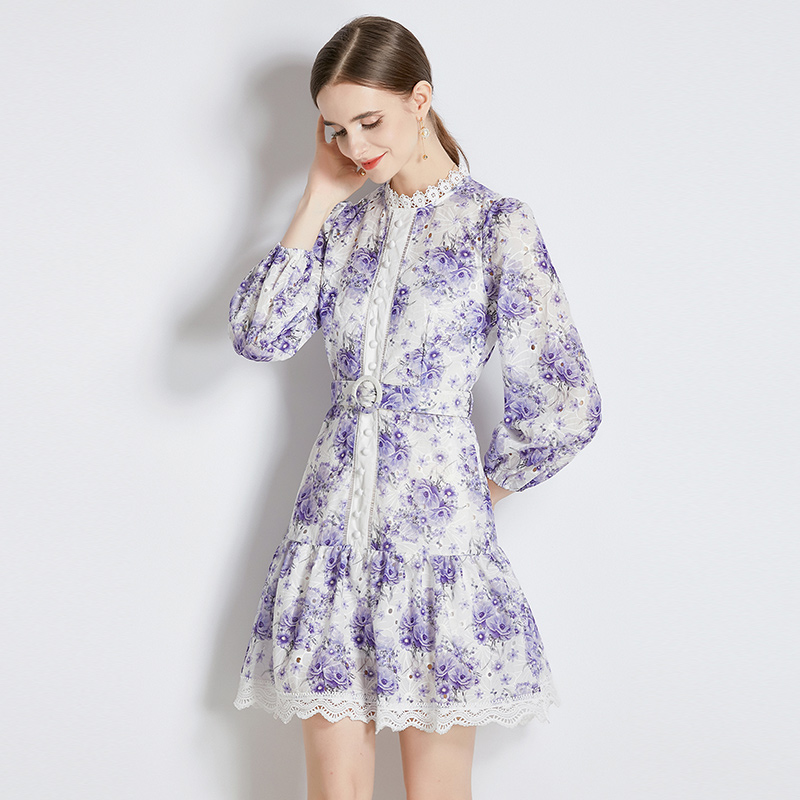 Autumn printing T-back with belt long sleeve dress