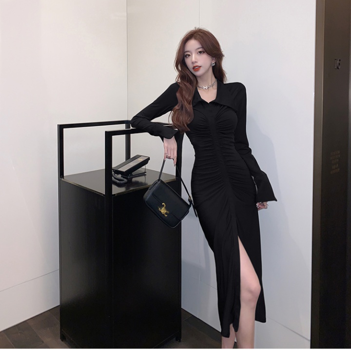 Split lapel slim long temperament Korean style dress