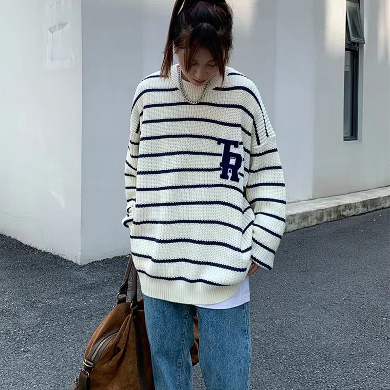 Loose wears outside tops retro stripe sweater for women