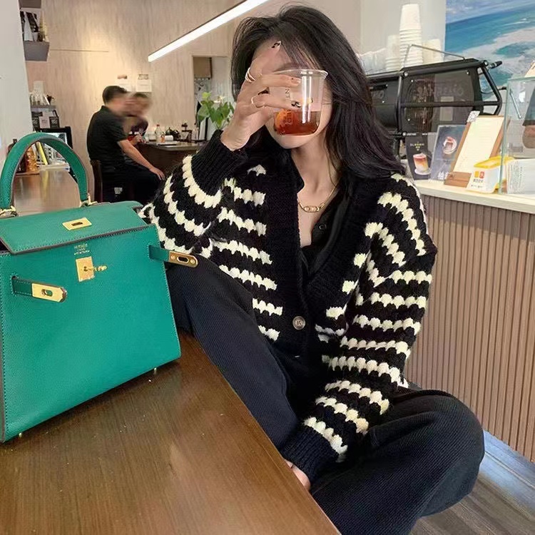 Slim Korean style knitted cardigan all-match stripe coat